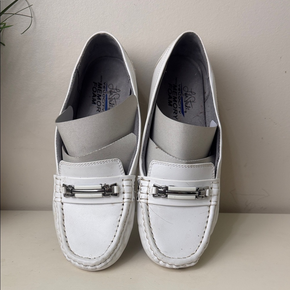 Life Stride White Woman’s Slip-On Loafers with Silver Bit